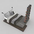 Modern Double Bed Design With Stylish Headboard Plush Pillows Cozy Blanket And Wooden Bookshelf