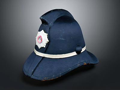 Vintage Dark Blue Hat With Worn Texture Front Badge And White Band Detail 3d model