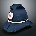 Vintage Dark Blue Hat With Worn Texture Front Badge And White Band Detail