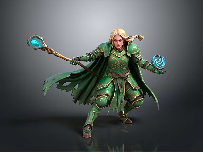 Fantasy Woman in Green Armor and Cloak Crouching with Blue Crystal Staff and Magic Orb 3d model