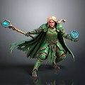 Fantasy Woman in Green Armor and Cloak Crouching with Blue Crystal Staff and Magic Orb