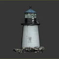 White Tower Lighthouse With Blue Top And Red Roof House On Rock Base
