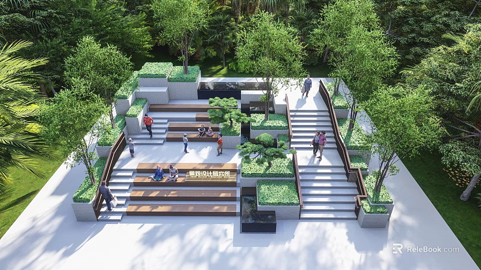 Outdoor Stairs With Greenery Trees And People Walking In Public Space 3d model 