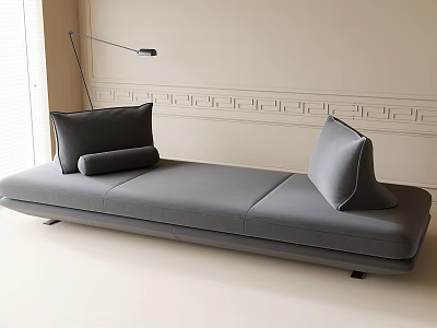 Stylish Gray Double Sofa With Cushions In Light Wall Living Room And Floor Lamp 3d model