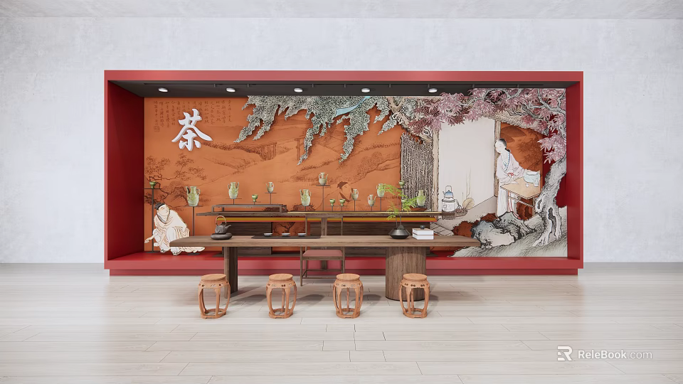 Chinese Tea Interior With Red Wall Featuring Tea Character Landscape Painting Wooden Table And Stools 3d model 