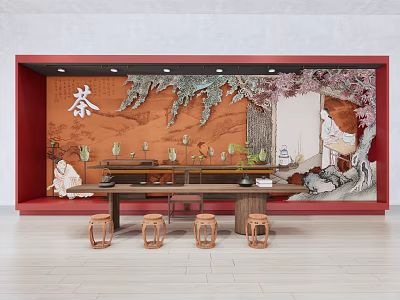 Chinese Tea Interior With Red Wall Featuring Tea Character Landscape Painting Wooden Table And Stools 3d model