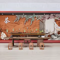 Chinese Tea Interior With Red Wall Featuring Tea Character Landscape Painting Wooden Table And Stools