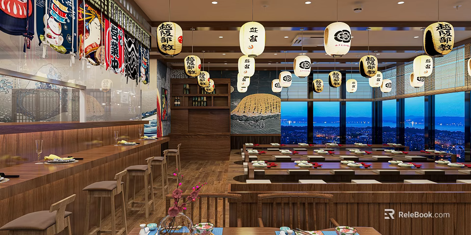 Japanese Style Restaurant with Red White Lanterns Wooden Tables Open Bar and City Night View 3d model 