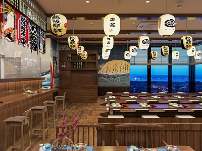 Japanese Style Restaurant with Red White Lanterns Wooden Tables Open Bar and City Night View 3d model