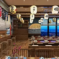 Japanese Style Restaurant with Red White Lanterns Wooden Tables Open Bar and City Night View