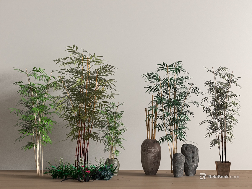Indoor Bamboo Bonsai Potted Plants With Clay Pots Stone Decorations Wooden Floor 3d model 