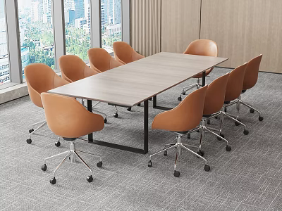 Modern Office Conference Table With Light Wood Top Black Metal Legs And Orange Rolling Chairs 3d model