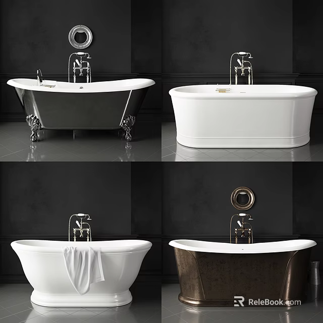 White Black And Copper Bathtubs With Metallic Faucets And Dark Wall Design 3d model 