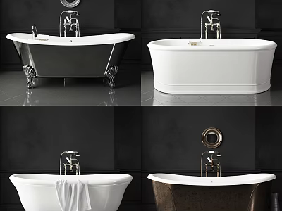 White Black And Copper Bathtubs With Metallic Faucets And Dark Wall Design 3d model