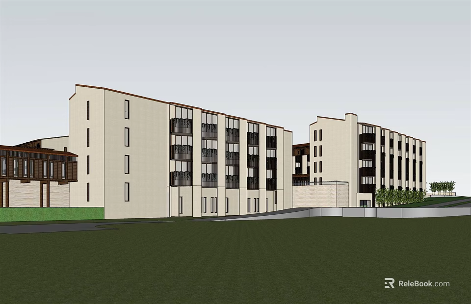 Modern Office Building Exterior With Multiple Structures And Green Lawn Area 3d model