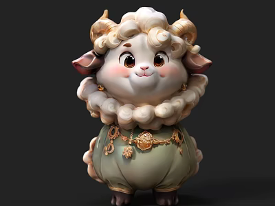 Cute Sheep Shaped Decorative Doll With Curly Fur Golden Horns And Light Green Outfit 3d model