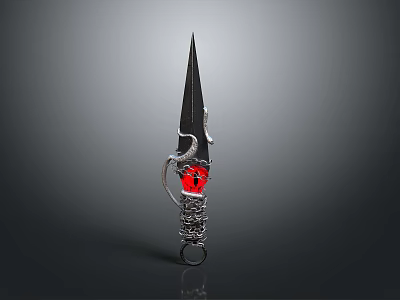 Ornate Dagger With Black Blade Silver Hilt Red Gemstone And Chain Decoration 3d model