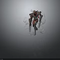 Sci Fi Fantasy Warrior With Red Gray Armor And Dual Spears Surrounded By Smoke Effects