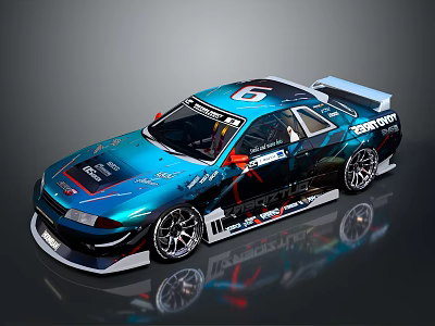 Blue Modified Race Car With Aerodynamic Rear Spoiler And Racing Stickers 3d model