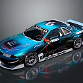 Blue Modified Race Car With Aerodynamic Rear Spoiler And Racing Stickers