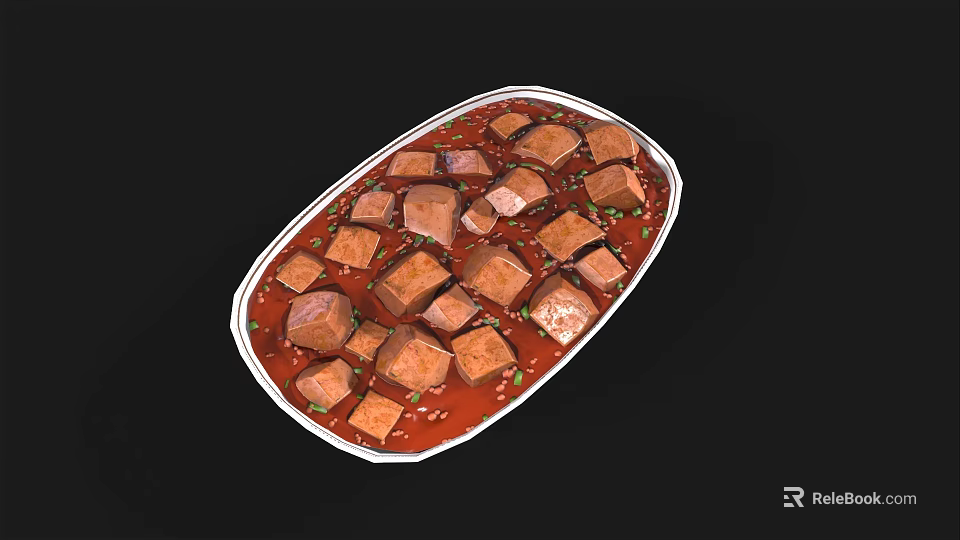 Braised Pork Belly Cubes with Red Glaze Sauce and Green Onion Garnish 3d model 