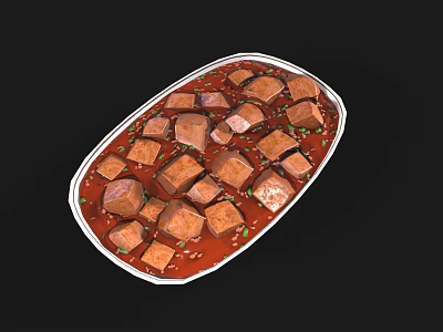 Braised Pork Belly Cubes with Red Glaze Sauce and Green Onion Garnish 3d model