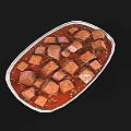 Braised Pork Belly Cubes with Red Glaze Sauce and Green Onion Garnish