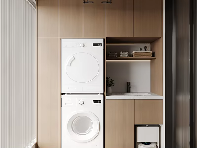 Modern Laundry Room With Stacked White Washing Machines And Wooden Cabinets 3d model