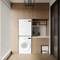 Modern Laundry Room With Stacked White Washing Machines And Wooden Cabinets
