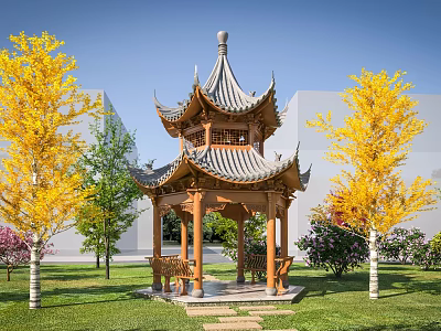 Traditional Chinese Pavilion With Curved Eaves And Yellow Trees On Green Lawn 3d model