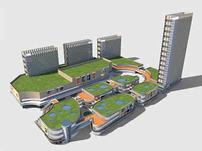 Modern Commercial Complex With Green Roofs Open Plaza And Multiple Buildings 3d model