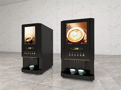 Modern Kitchen Appliances Two Black Coffee Machines With Digital Screens Cups And Marble Wall 3d model