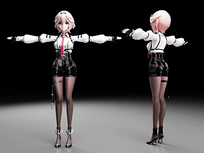 3D Anime Character With Pink Hair White Top Black Shorts High Heels Front Back Arms Outstretched 3d model