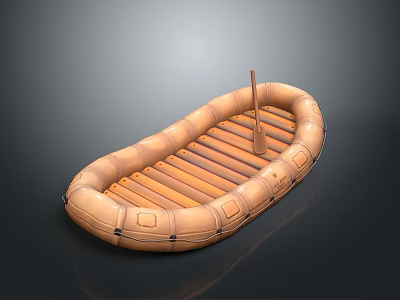 Brown Inflatable Boat With Wooden Slats Floor And Central Wooden Oar 3d model