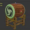 Traditional Wooden Drum with Carved Body and Yin Yang Pattern Drumhead on Sturdy Stand