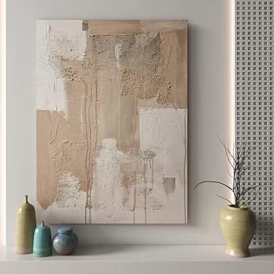 Abstract Beige White Textured Painting With Modern Vases And Potted Plant 3d model