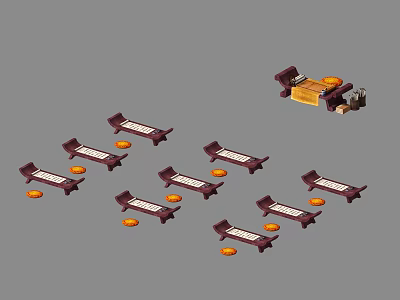 Multiple Wooden Desks Most With Orange Round Objects And One Separate With More Items 3d model