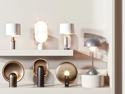 Modern Table Lamps With Various Styles And Designs On White Display Shelf 3d model