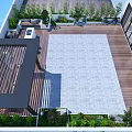 Sunny Outdoor Patio With Wooden Deck Marble Countertop Green Plants And Coastal View