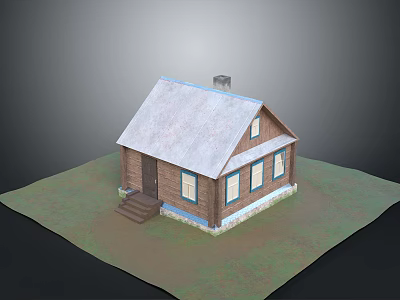 Cozy Wooden Cabin With Snow Covered Roof Brown Walls Front Door Steps And Grass 3d model