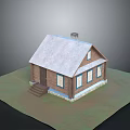 Cozy Wooden Cabin With Snow Covered Roof Brown Walls Front Door Steps And Grass