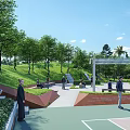 Park Landscape with Basketball Court Green Trees Benches and People Enjoying Activities