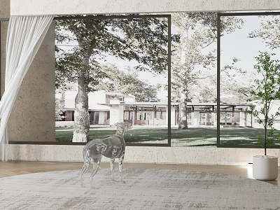 Contemporary Interior With Large Windows View Of Trees Grass Deer Statue And Area Rug 3d model