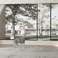 Contemporary Interior With Large Windows View Of Trees Grass Deer Statue And Area Rug