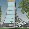 Modern Cultural Center Building Curved Design With Glass Curtain Walls Gray Stone And Wooden Accents