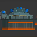 Sci-Fi Command Center Console With Blue Circular Top Multiple Screens And Orange Base