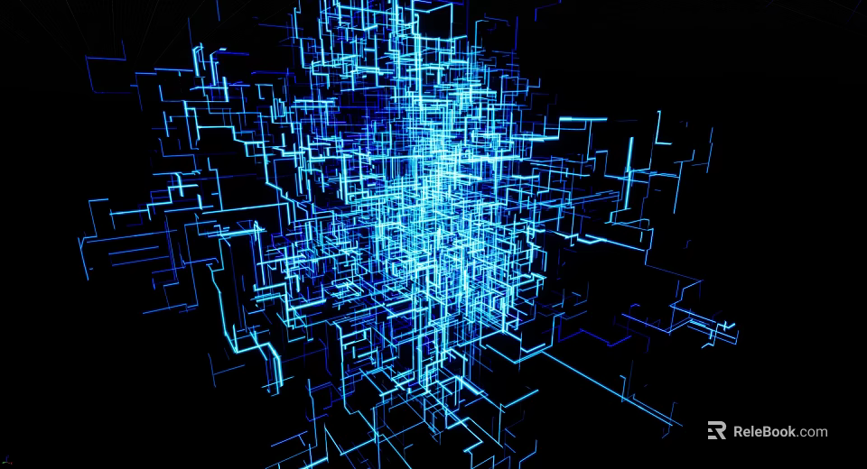 Abstract Blue Glowing Digital Grid Structure with Complex Lines on Black Background 3d model
