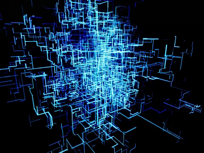 Abstract Blue Glowing Digital Grid Structure with Complex Lines on Black Background 3d model