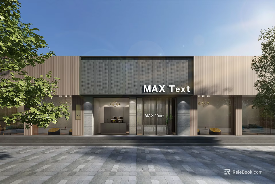 Modern Storefront with MAX Text Signboard Glass Front Entrance Trees and Paved Ground 3d model 