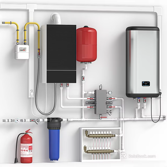 Home Water Heater And Boiler System With Red Storage Tank Pipes And Valves 3d model 